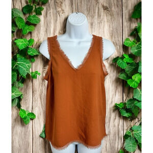 Chelsea 28 Rust Brown V-Neck Sleeveless Blouse Sz XS Raw Edge Cami Top